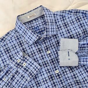 Bugatchi Men's XL Shape Fit Blue Plaid Flip Cuff Long Sleeve Button Front Shirt